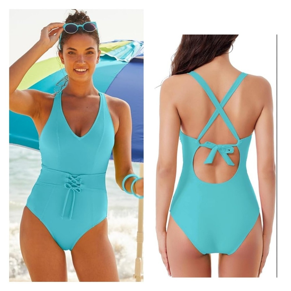 Bca By Rebecca Virtue Aqua Lace-Up Front One-Piece V-Neck Swimsuit M NWT
